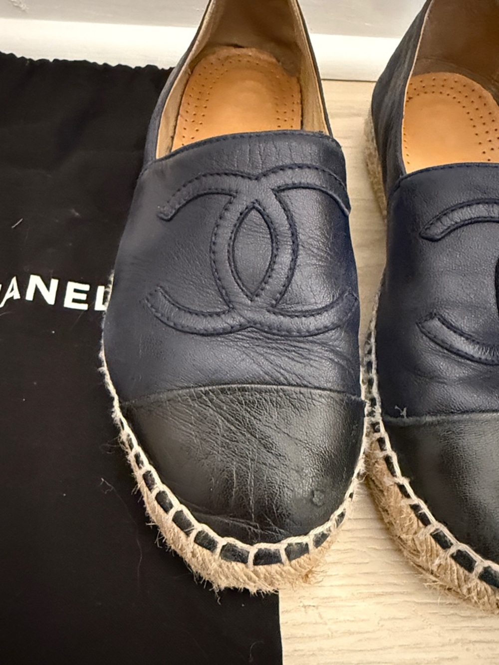CHANEL Navy Leather Espadrilles with Black Cap Toe - Picture 5 of 14